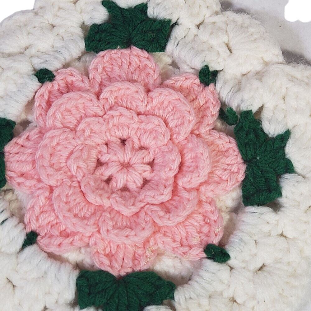 VTG Handmade Crochet 3D Pink Flower Pot holder Trivet Hot Pad Kitchen Decor